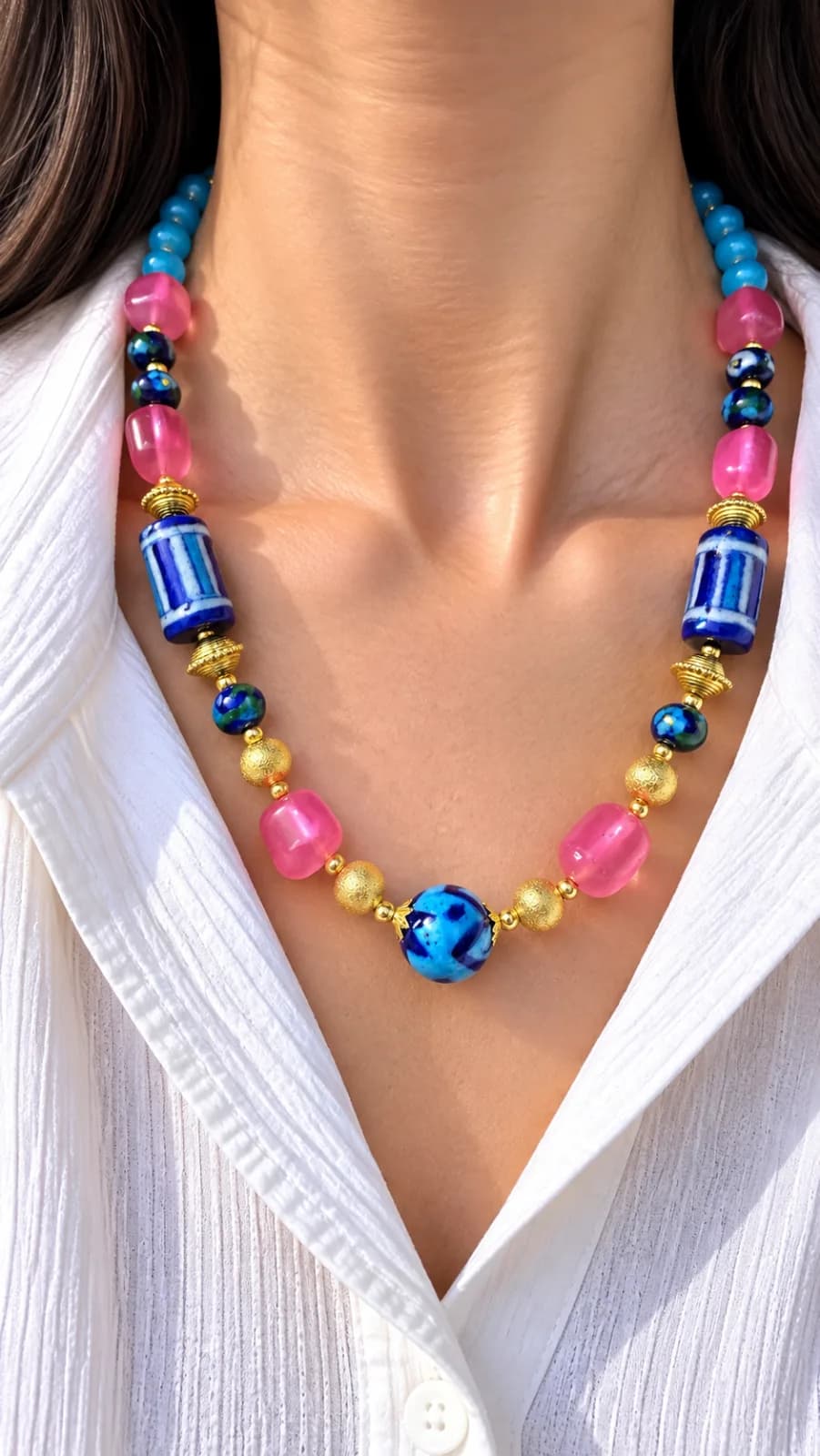 Indigo and Pink Blue Pottery Necklace