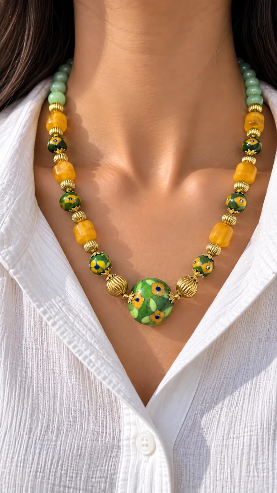 Green and Yellow Blue Pottery Necklace