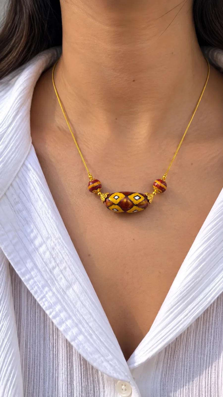 Terracotta Red and Mustard Yellow Blue Pottery Pendant